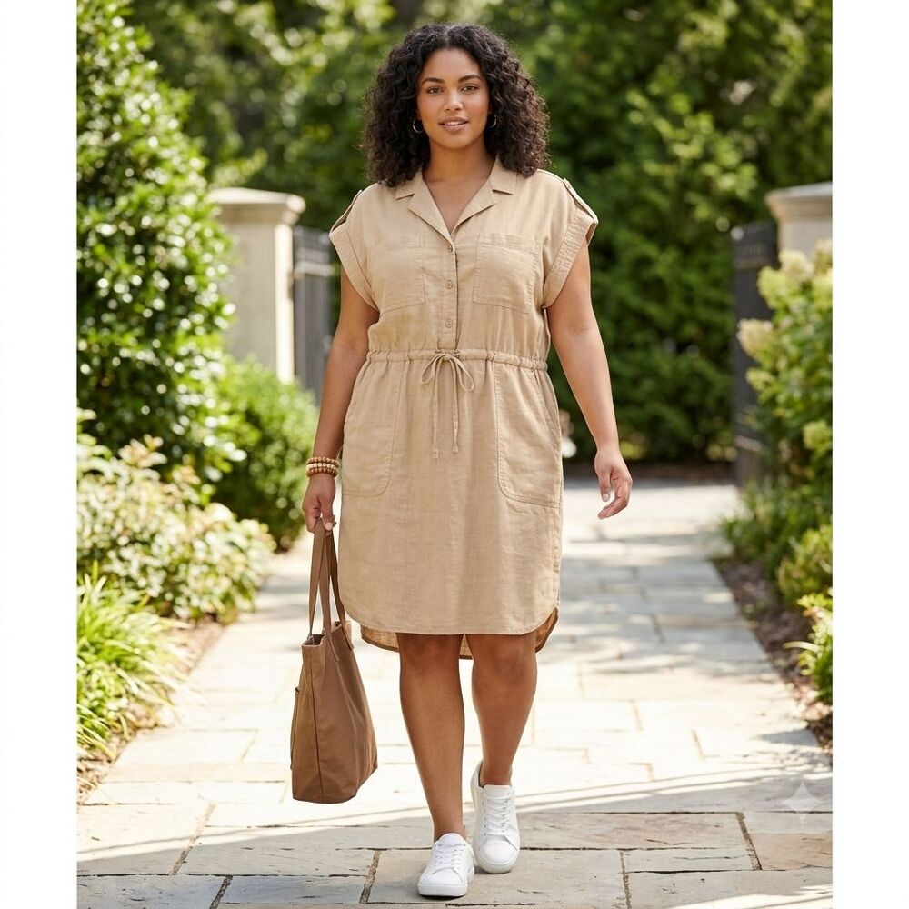 Time & Tru Tan Cotton Utility Safari Dress Plus Size 3XL/22 Gorpcore Cinch Waist